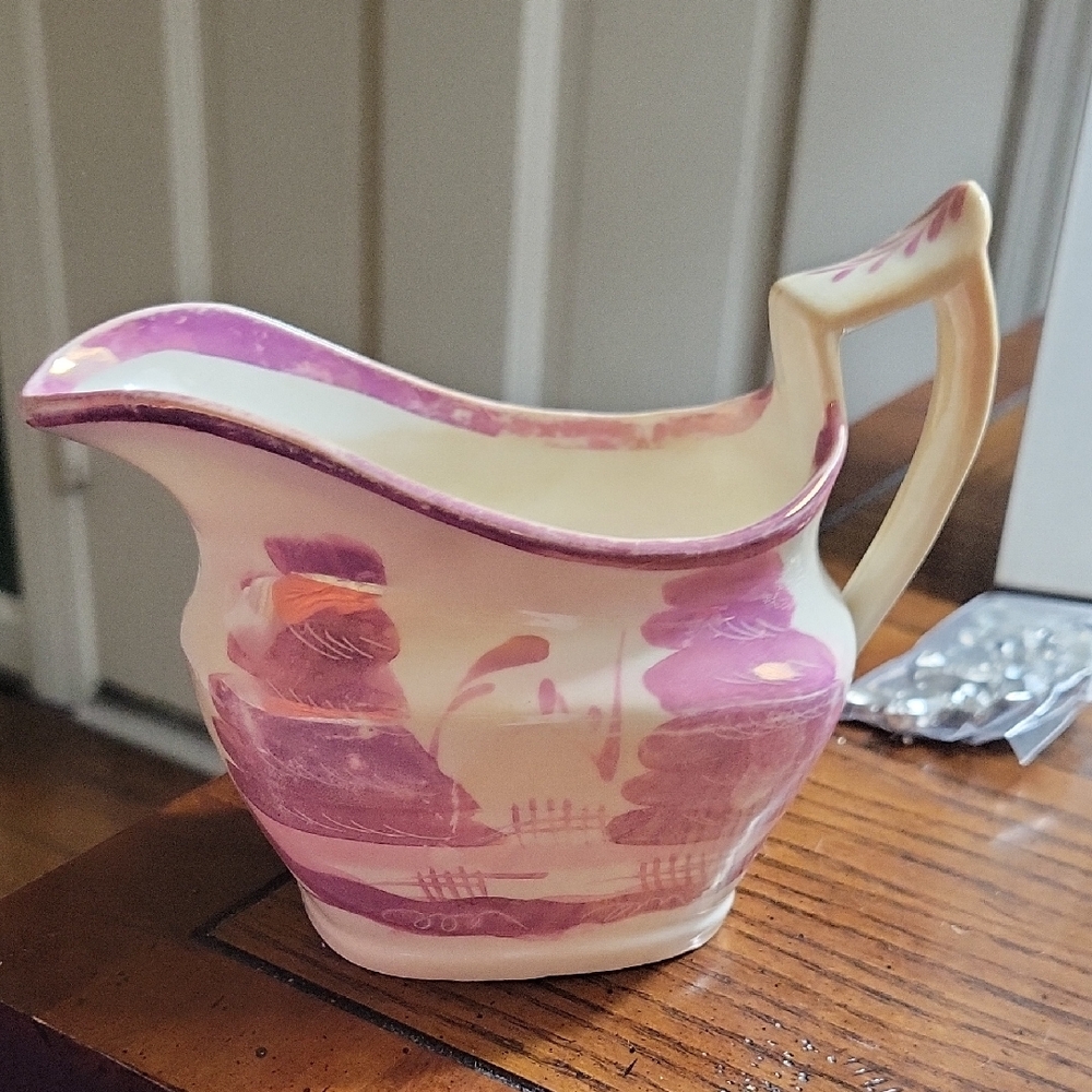 English Lusterware Pink & White Iridescent Creamer Antique Staffordshire 1800s